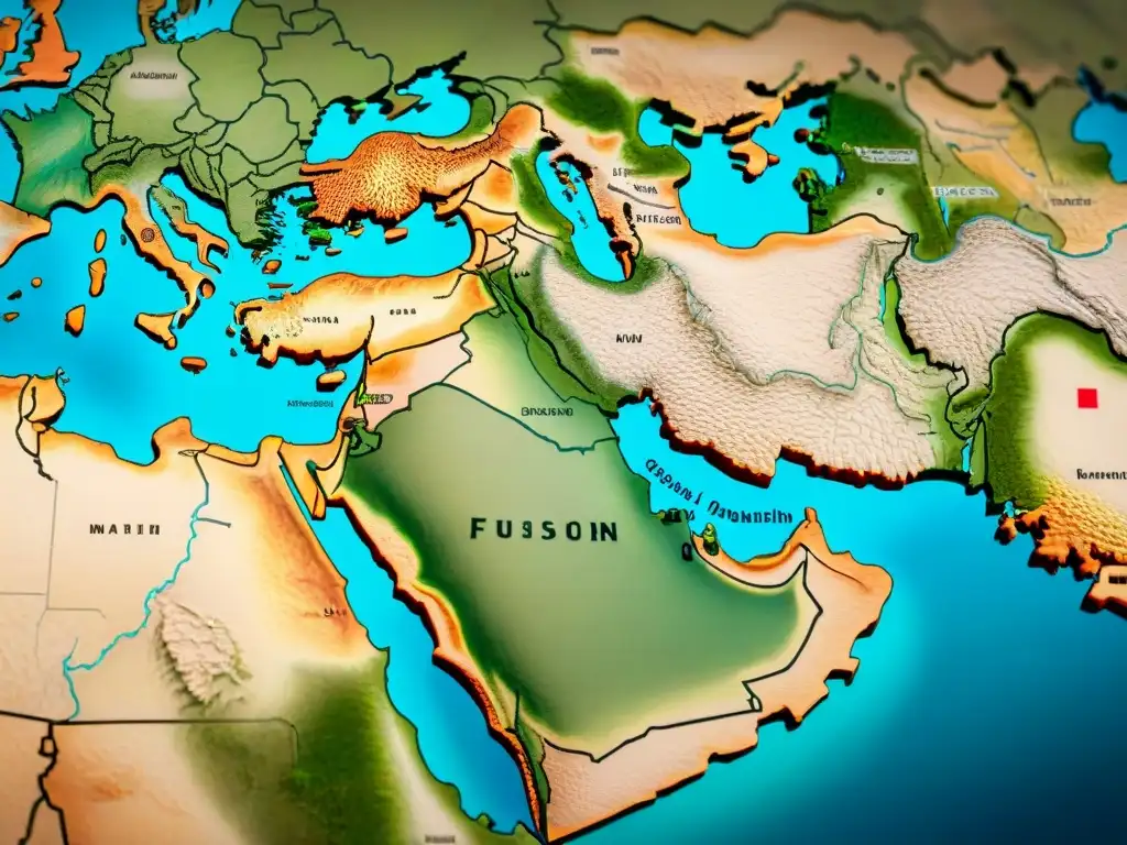 Mapa detallado en sepia del Medio Oriente con elementos cartográficos antiguos y modernos, fusionando tradición e innovación