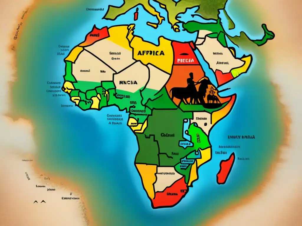 Mapa detallado de África en sepia con elementos cartográficos antiguos y diversa vida silvestre