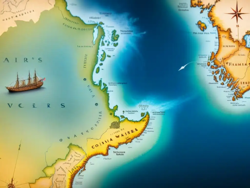 Mapa detallado en sepia de la era colonial, con ilustraciones de barcos en aguas inexploradas y reclamos territoriales