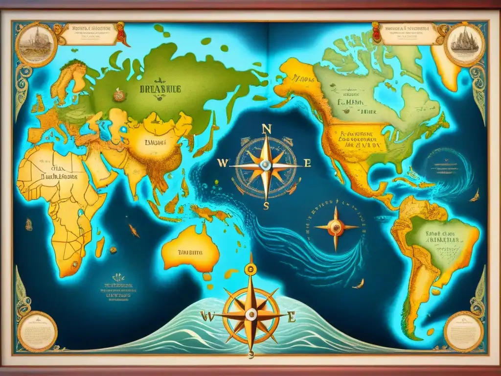 Mapa detallado sepia de la Era de los Descubrimientos con monstruos marinos y navíos en mares inexplorados
