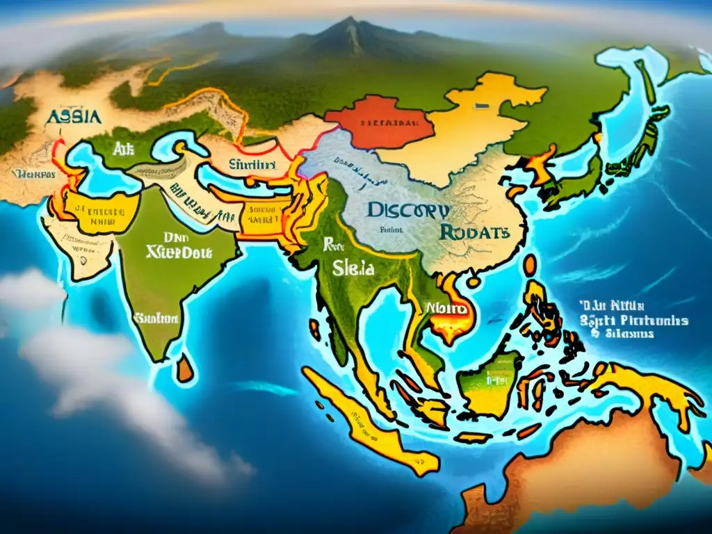 Mapa detallado sepia de Asia en la era de los Descubrimientos, con criaturas míticas y rosas de los vientos, representando culturas y paisajes