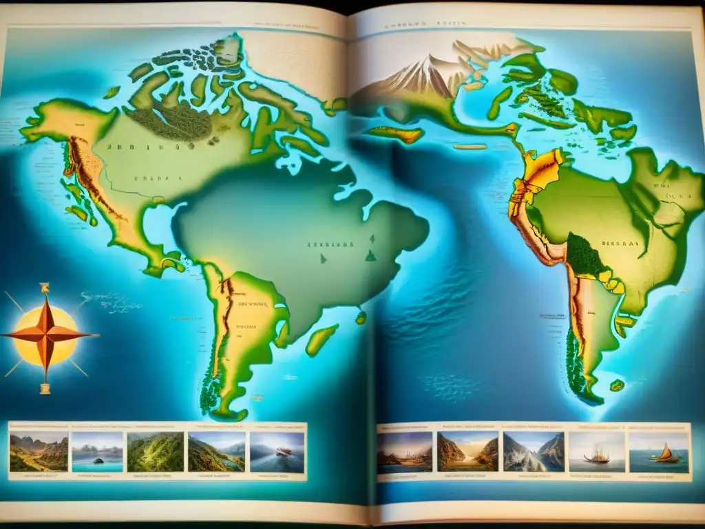 Mapa detallado de la Era de la Exploración con rutas de exploradores famosos y criaturas míticas