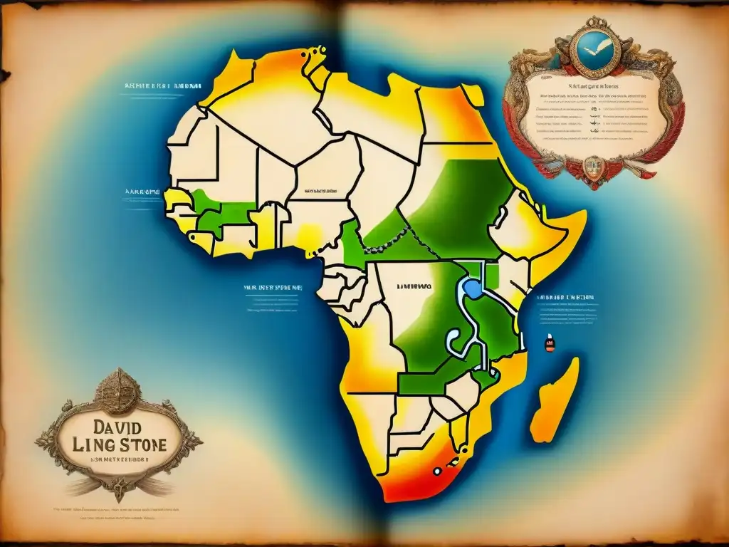 Mapa sepia detallado de las exploraciones de Livingstone en África, con ilustraciones de la fauna y tribus locales