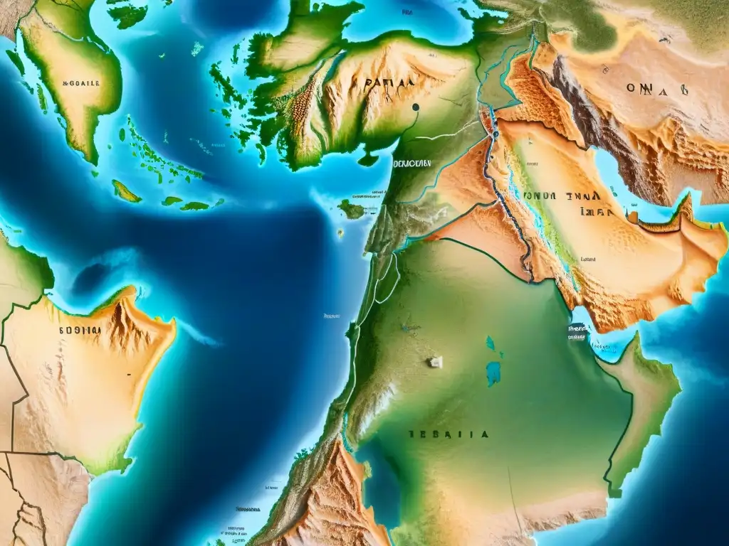 Mapa detallado sepia del Medio Oriente con exploradores cartográficos, montañas, ríos y desiertos