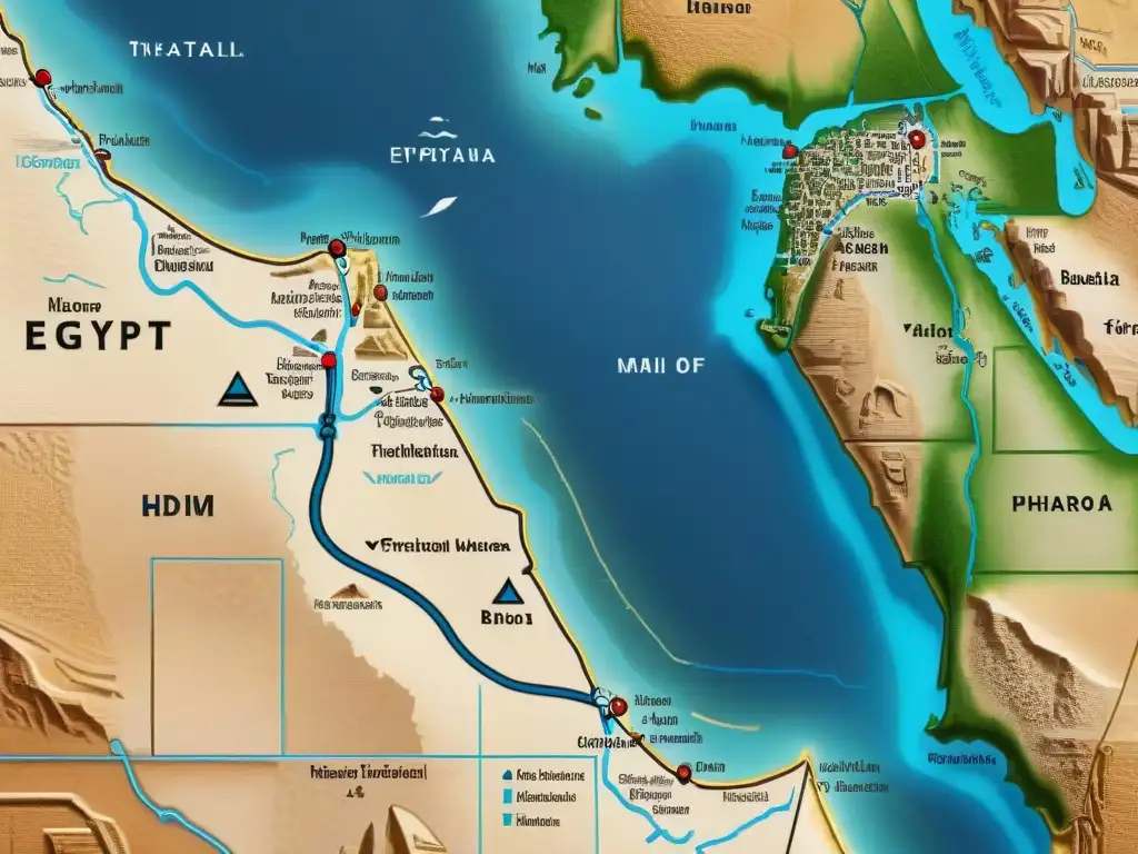 Mapa detallado sepia de Egipto Faraónico con el río Nilo, pirámides, templos y ciudades marcadas