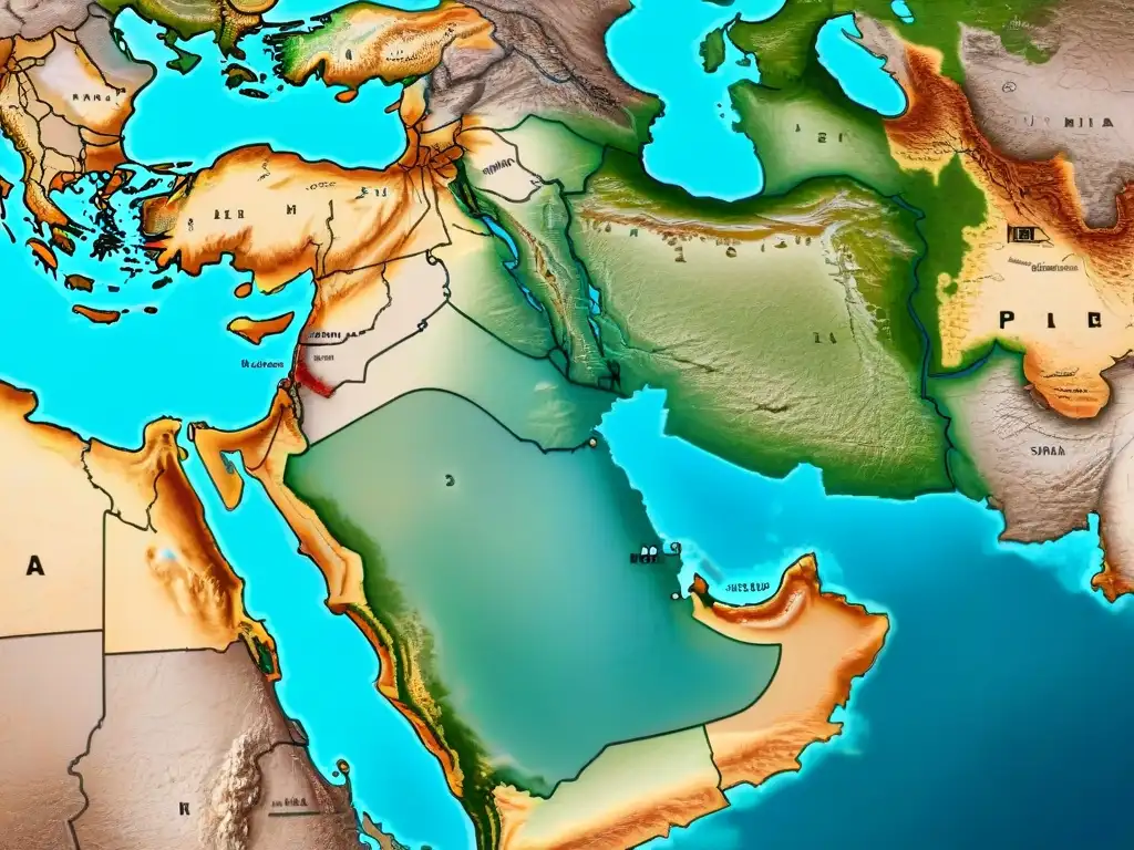 Mapa sepia detallado de Medio Oriente con fronteras e hitos históricos