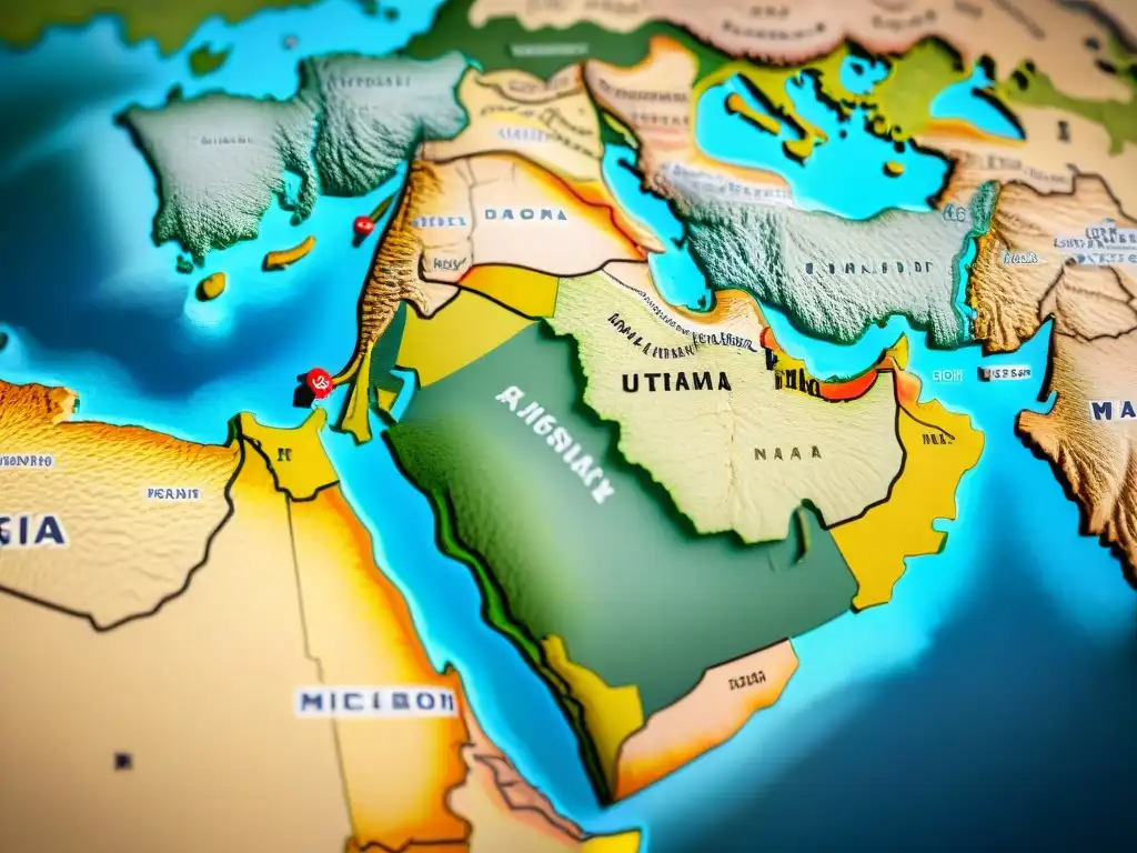 Mapa detallado en sepia del Medio Oriente, con fronteras, territorios en disputa y hitos históricos