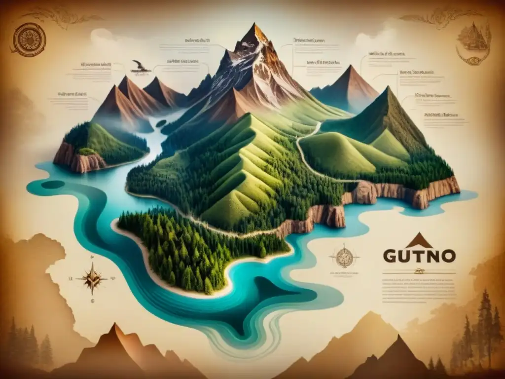 Mapa detallado hecho a mano con símbolos indígenas y marcas en pergamino envejecido