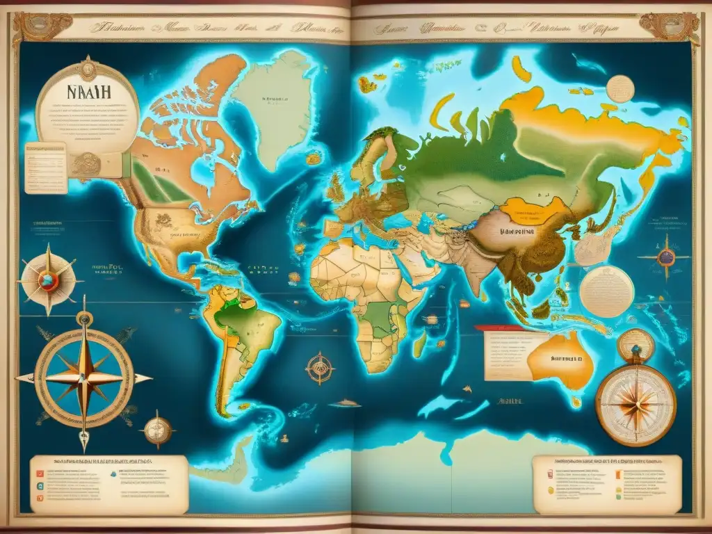 Mapa sepia detallado que muestra la historia de la cartografía moderna desde civilizaciones antiguas hasta tecnologías digitales actuales