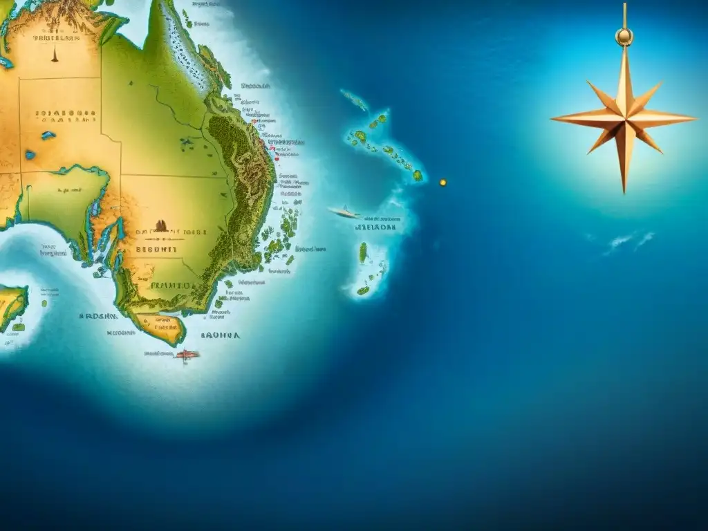 Mapa detallado en sepia del Océano Pacífico Sur con ilustraciones de rosa de los vientos, monstruos marinos y barcos antiguos