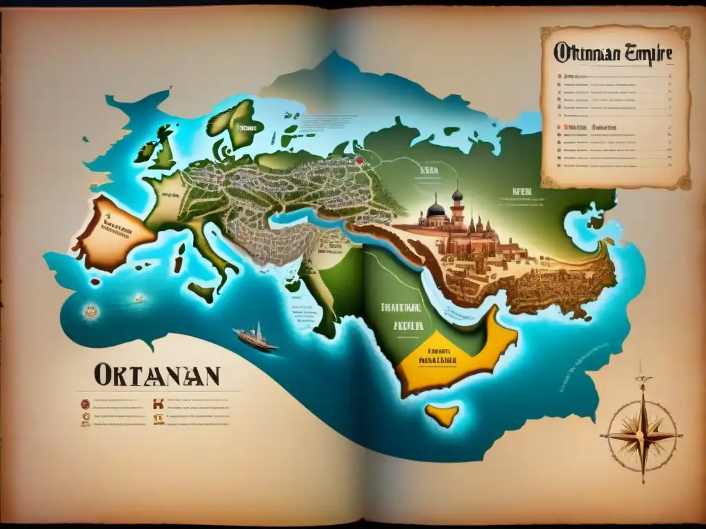 Mapa detallado en sepia del Imperio Otomano en su apogeo, con adornos artísticos y cartografía otomana técnicas legado