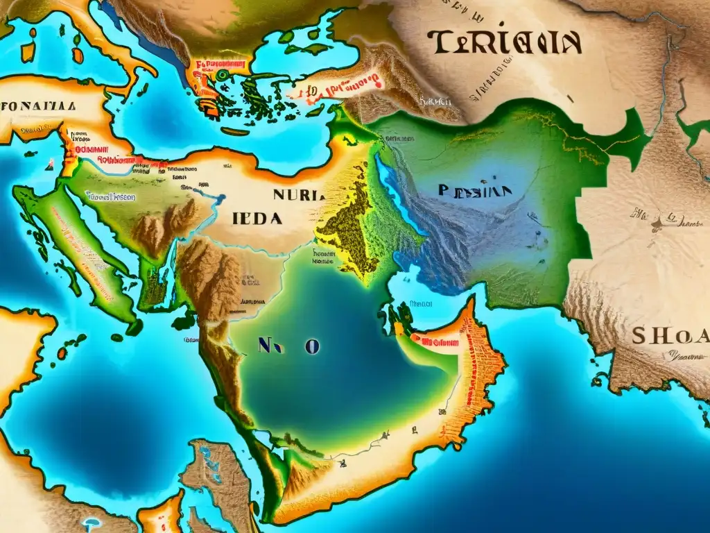 Mapa detallado del Imperio Persa en sepia, con fronteras, ciudades, rutas comerciales y detalles geográficos