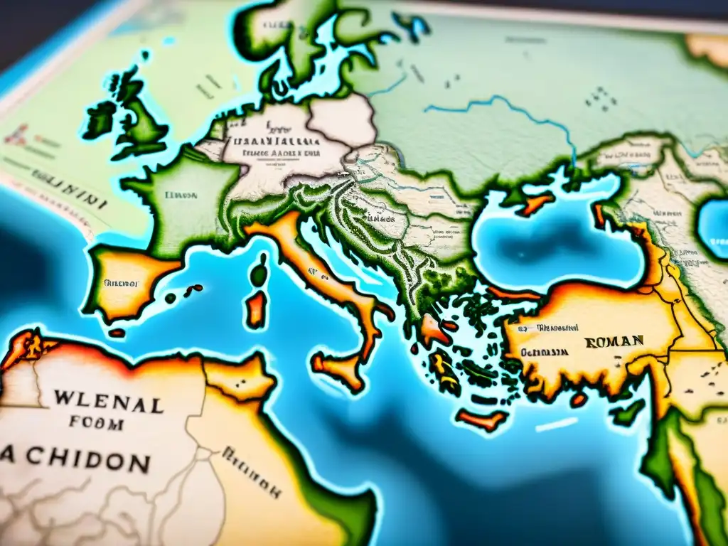 Mapa detallado del Imperio Romano en sepia, con ciudades antiguas, calles y monumentos, textura pergamino y inscripciones latinas