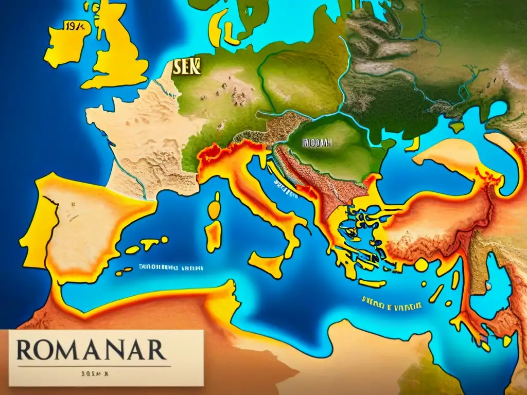 Mapa detallado en sepia del Imperio Romano en su máxima extensión, con ciudades, montañas, ríos, legiones romanas y arquitectura icónica