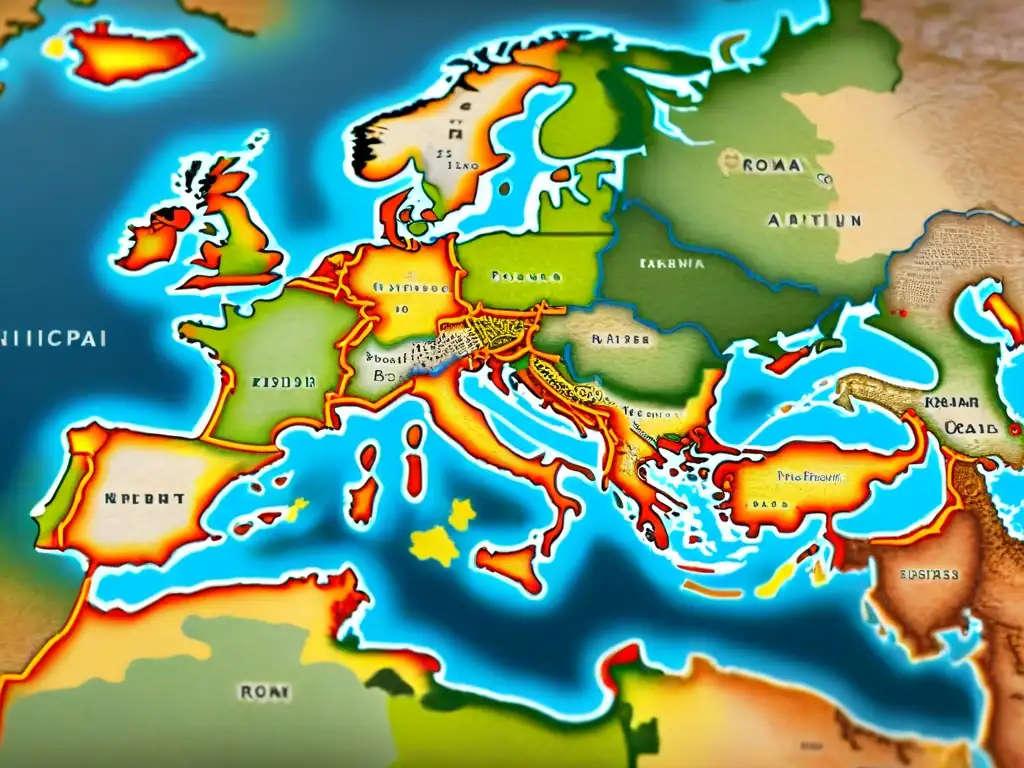 Mapa sepia detallado del Imperio Romano con inscripciones latinas, ríos y montañas precisos