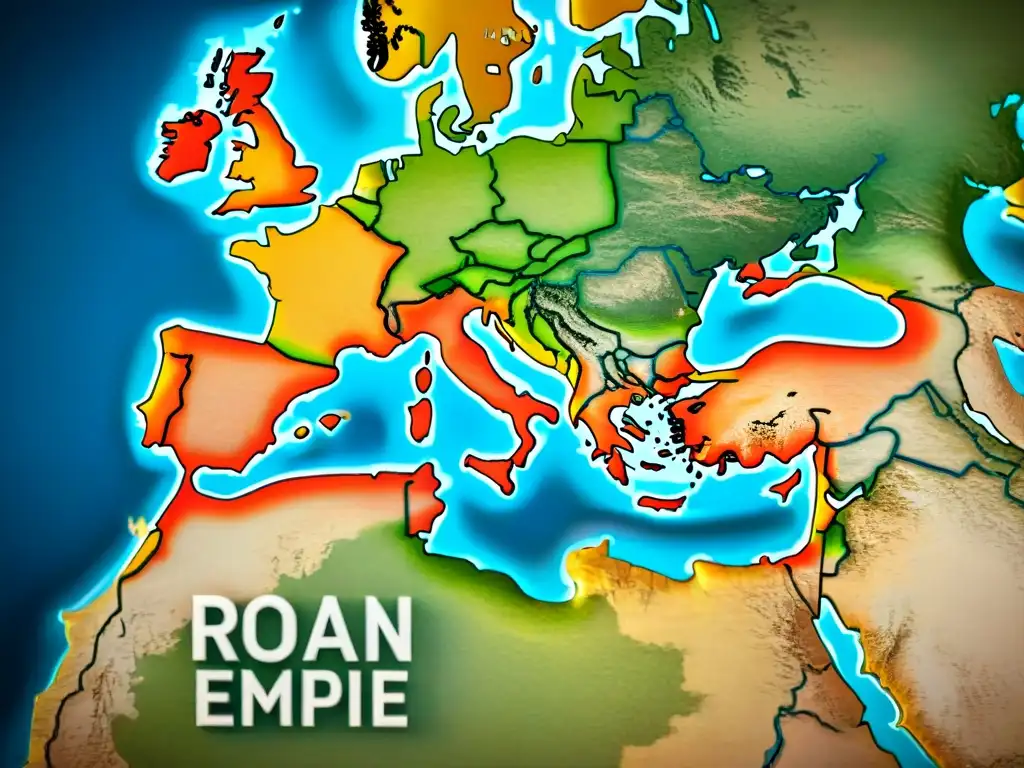 Mapa detallado en sepia del Imperio Romano con ciudades, topografía y inscripciones en latín