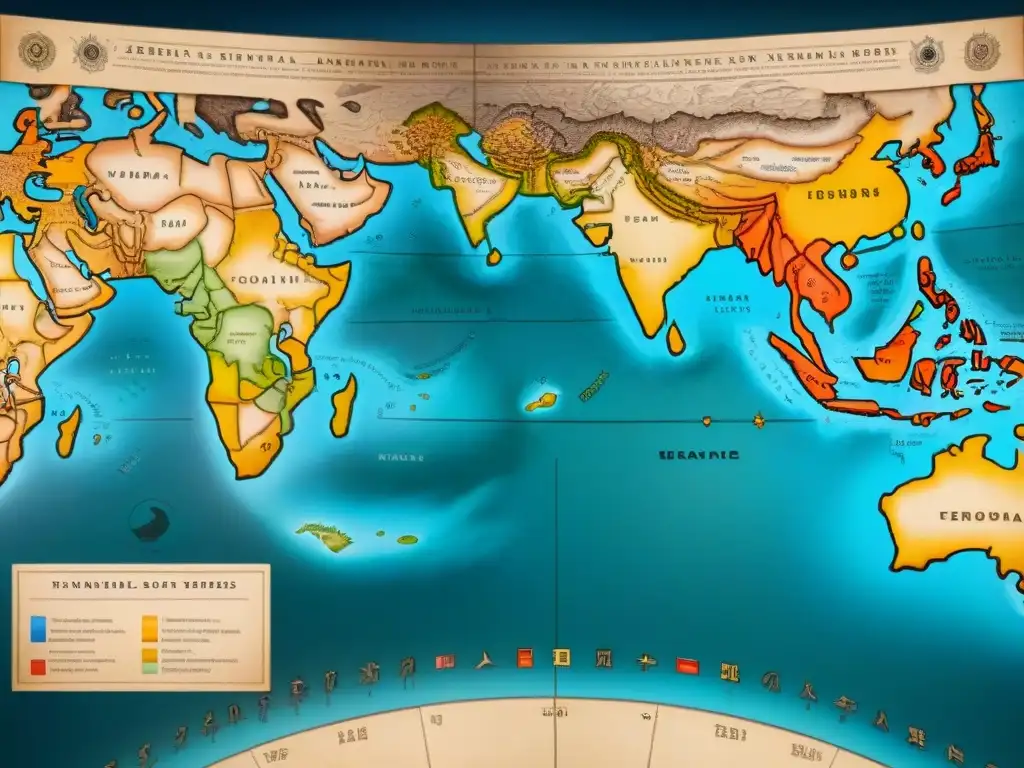 Mapa sepia detallado de imperios coloniales, con barcos y brújulas antiguas, reflejando la importancia de la cartografía en su evolución