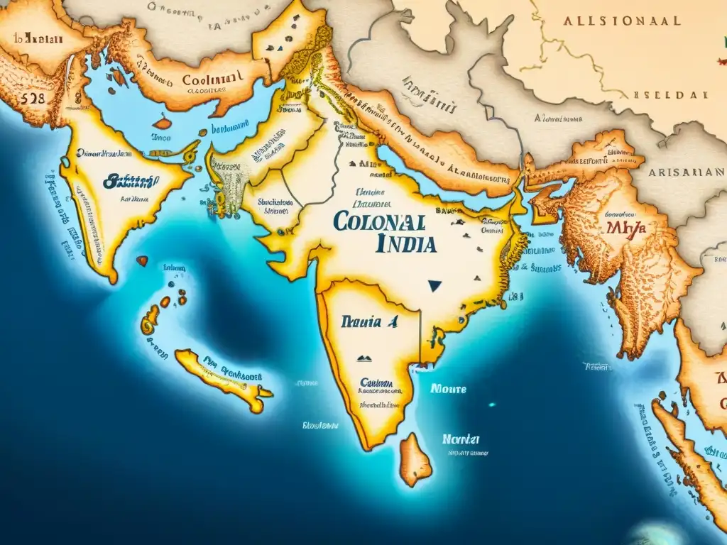 Mapa detallado de la India colonial en sepia, con rosas de los vientos y barcos