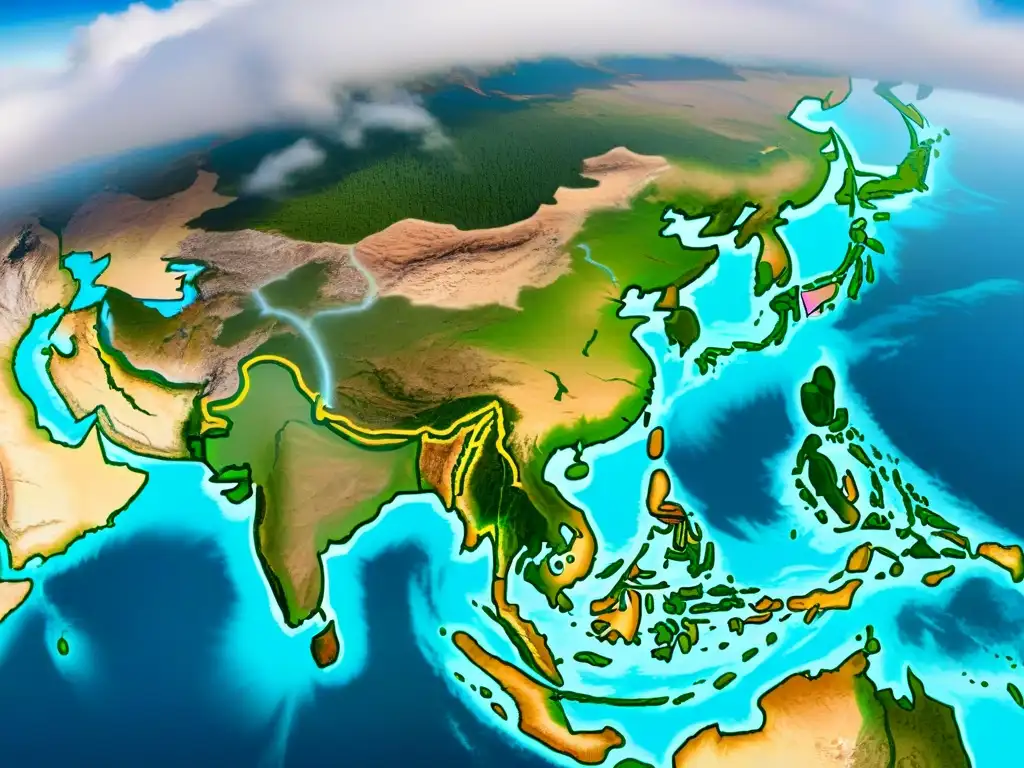 Mapa detallado en sepia de Asia con influencia de cartógrafos árabes