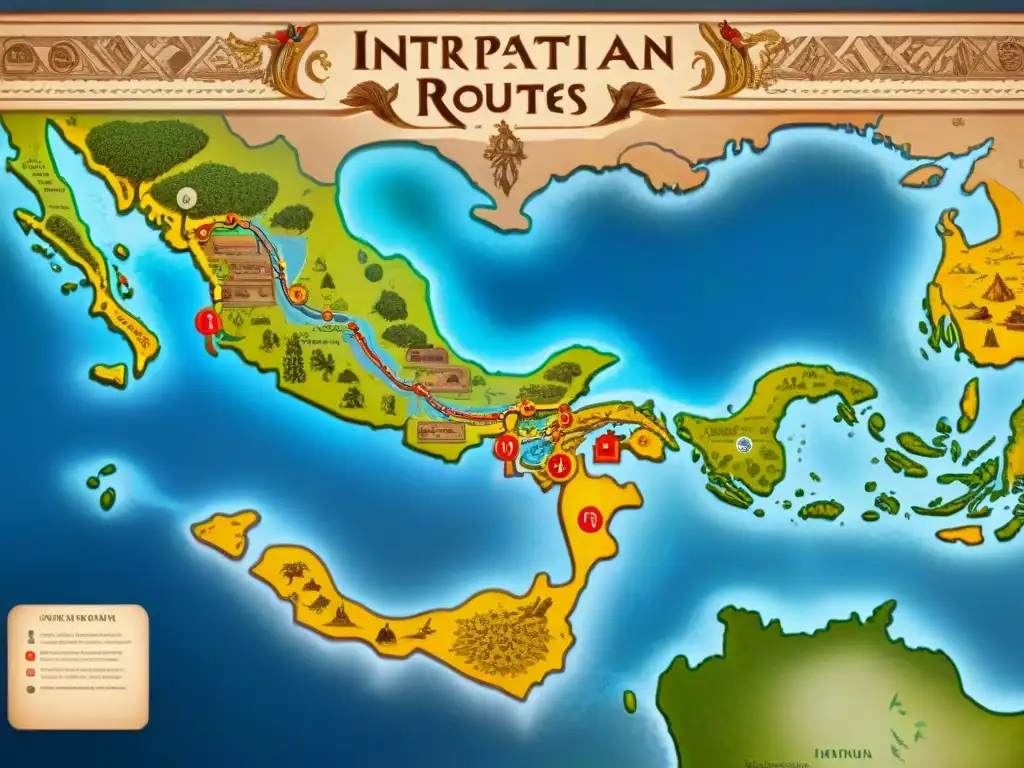 Mapa detallado sepia de intercambio cultural entre civilizaciones precolombinas: mercados vibrantes, templos majestuosos y paisajes diversos