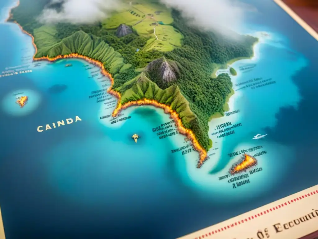 Mapa detallado en sepia de la evolución cartográfica en las Islas del Pacífico con rutas de navegación antiguas, monstruos marinos y flora exótica