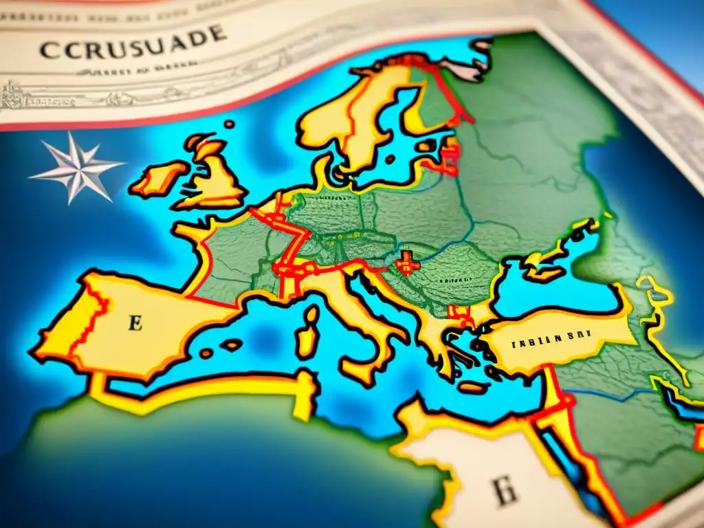 Mapa sepia detallado del legado cartográfico de las Cruzadas en Tierra Santa, con rutas comerciales, monumentos y territorios ilustrados
