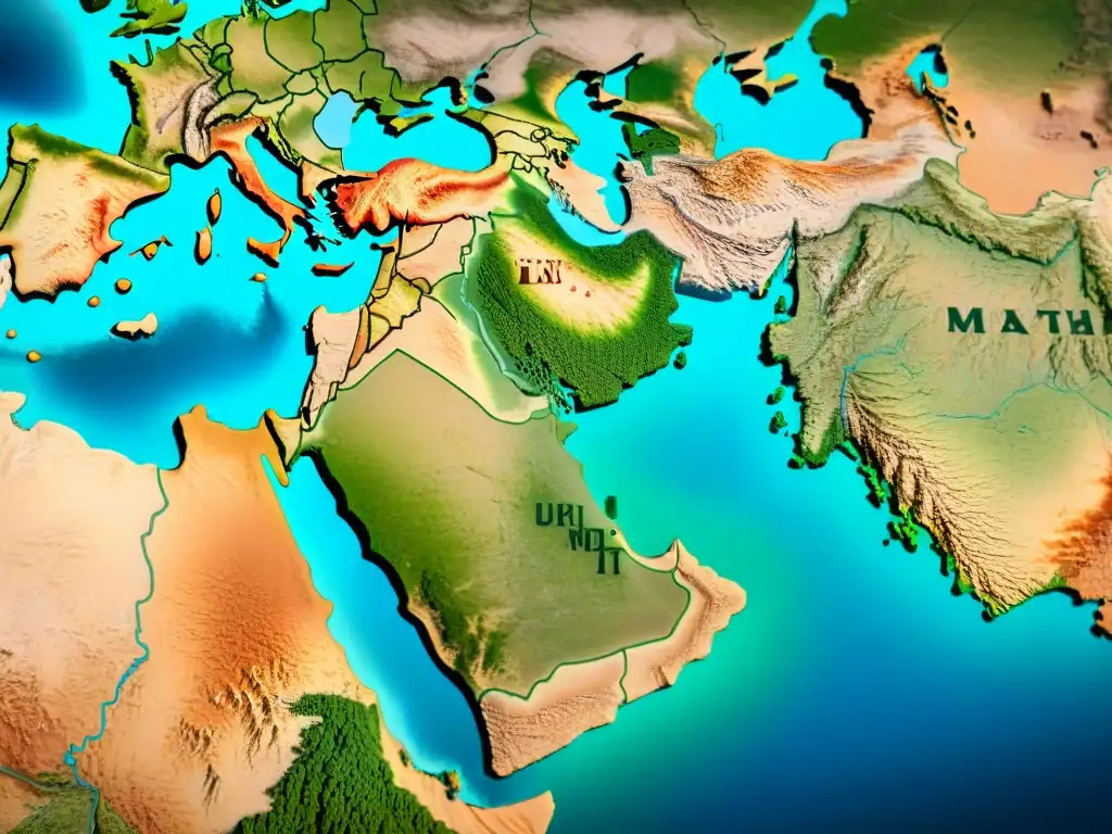 Mapa detallado en sepia de Medio Oriente, con límites, hitos históricos y relieves