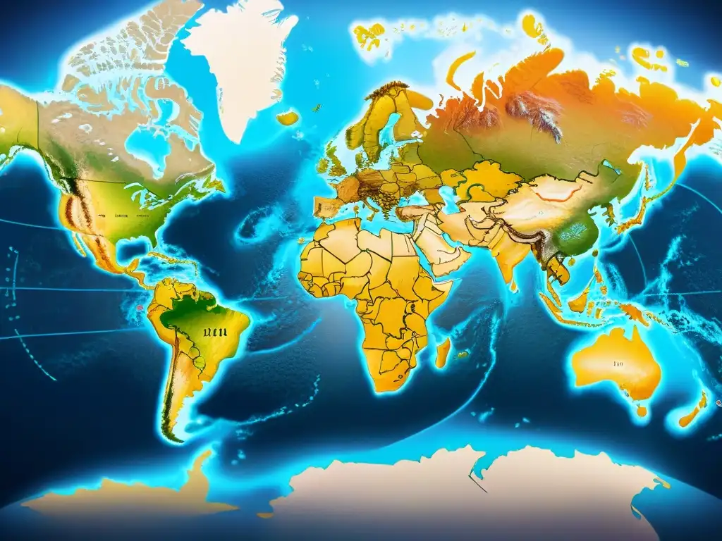 Mapa detallado en sepia con líneas cartográficas digitales, resaltando fronteras internacionales y regiones