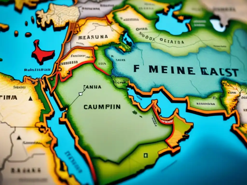 Mapa detallado en sepia del Medio Oriente, con líneas fronterizas, monumentos históricos y características geográficas clave