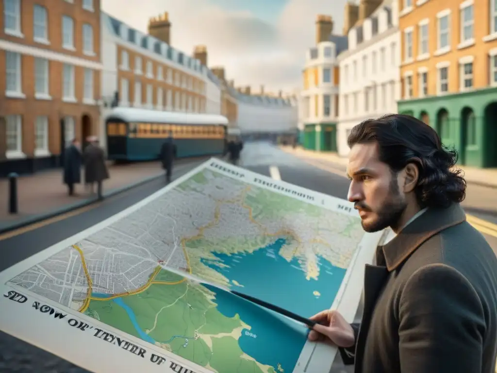 Mapa epidemia John Snow examina detallado mapa en bulliciosa Londres victoriana