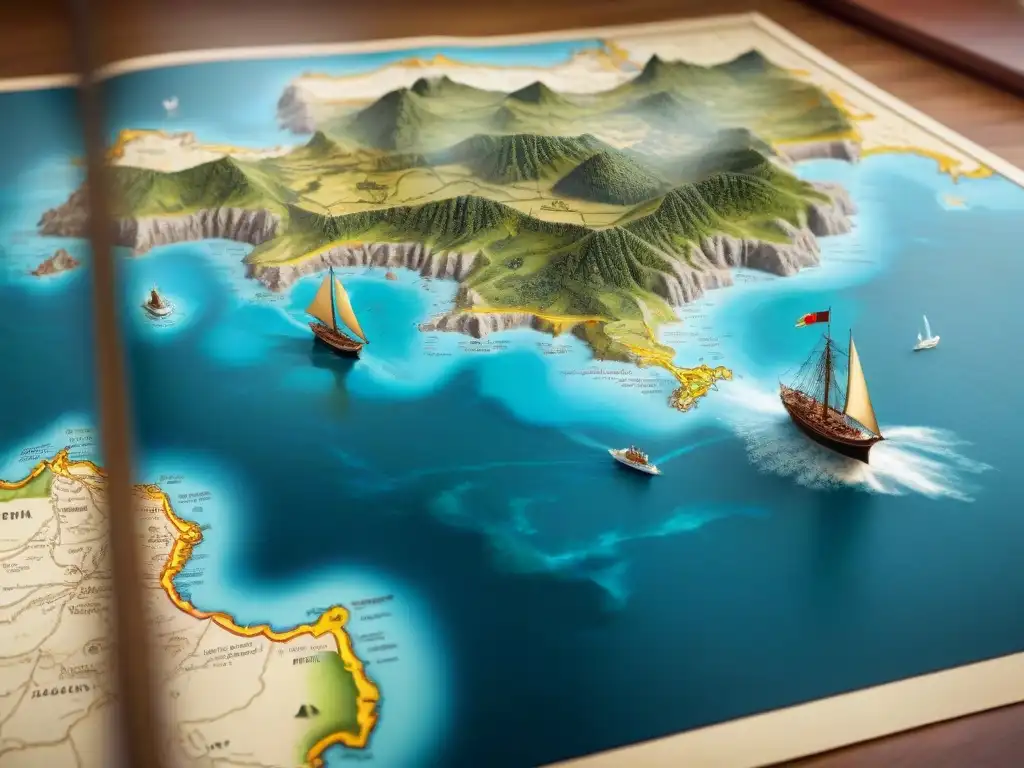 Mapa detallado sepia muestra la evolución de mapas antiguos a cartografía digital, con ilustraciones vintage de brújulas y barcos