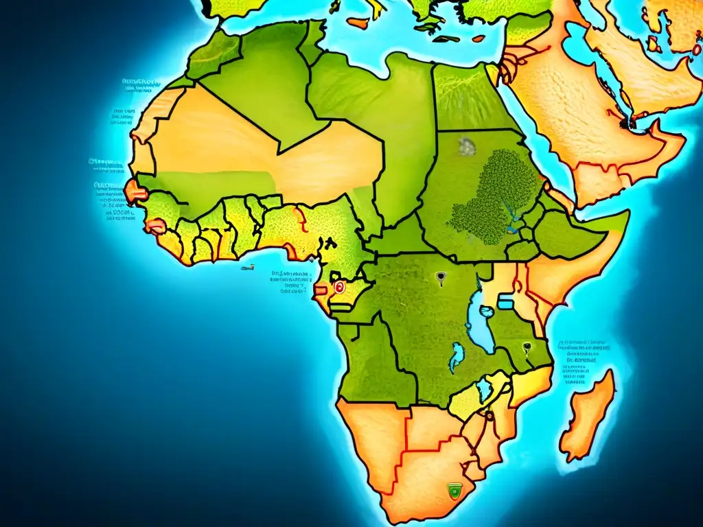 Mapa detallado sepia de África medieval con ciudades antiguas, criaturas míticas y barcos, evocando exploración