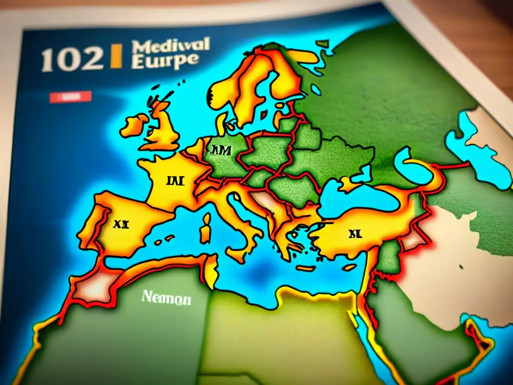 Mapa detallado en sepia de la Europa medieval, mostrando rutas de Cantigas de Santa María y monumentos de la época