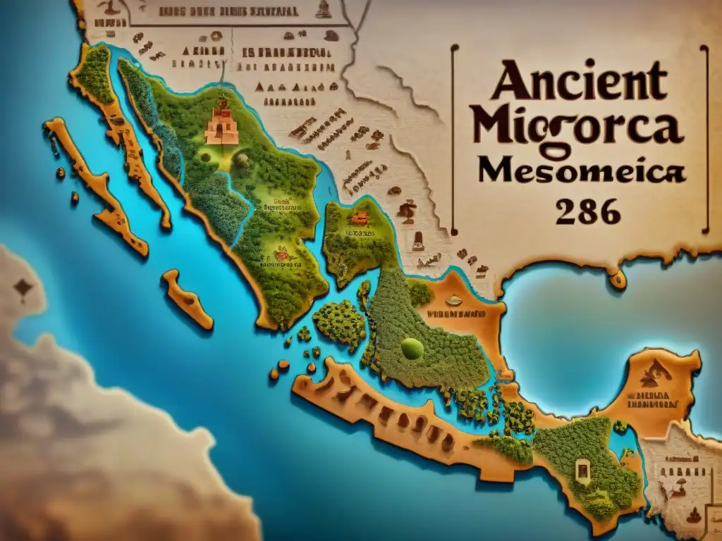 Mapa sepia detallado de Mesoamérica con asentamientos indígenas y rutas comerciales