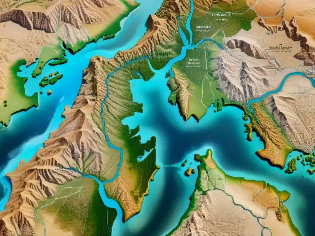 Mapa detallado en sepia de Mesopotamia antigua con los ríos Tigris y Éufrates, ciudades como Babilonia y Asiria, ziggurats y palmeras