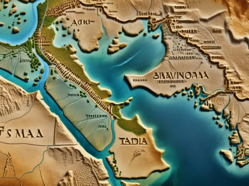 Mapa detallado de Mesopotamia Antigua en sepia con ríos, ciudades y cuneiformes