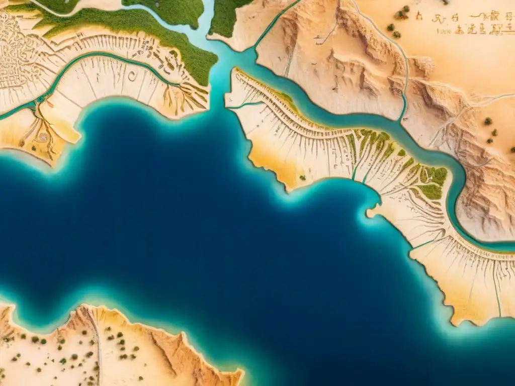 Mapa sepia detallado de Mesopotamia antigua con los ríos Tigris y Éufrates, mostrando la importancia simbólica de los ríos en mapas antiguos