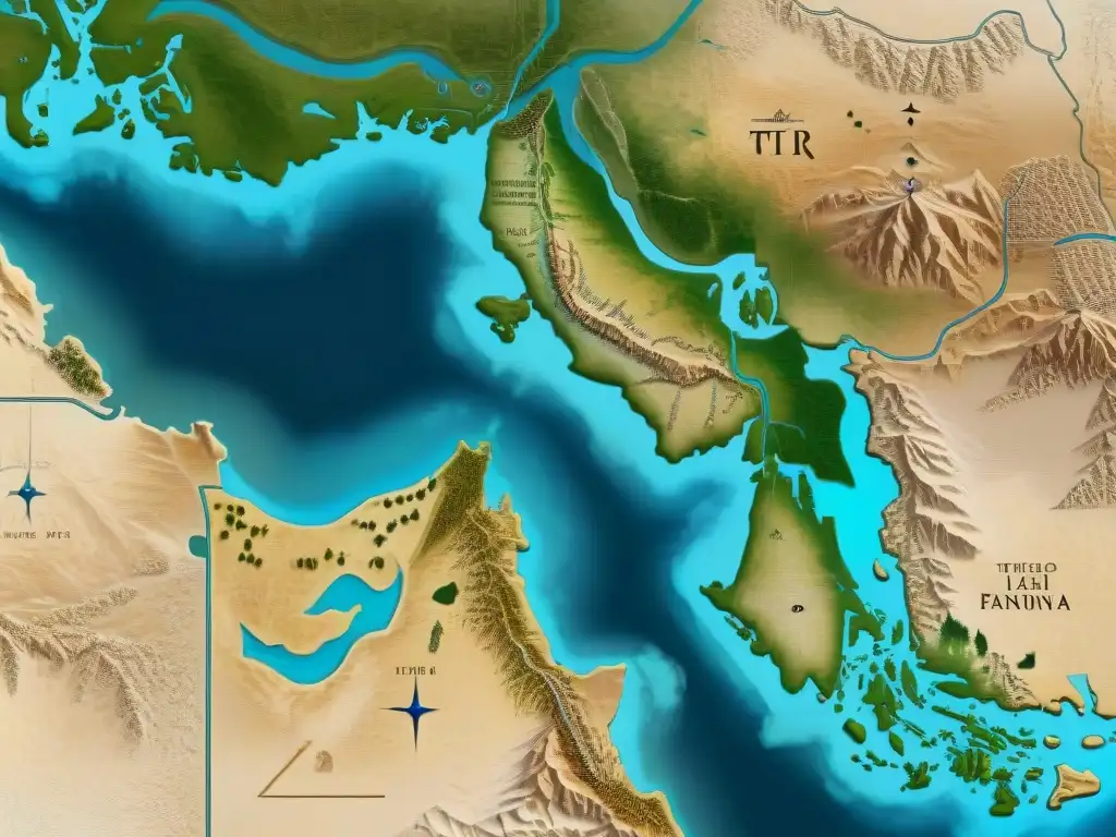 Mapa detallado sepia de Mesopotamia antigua con ríos, ciudades y ziggurats, evocando la evolución cartografía mapas Medio Oriente