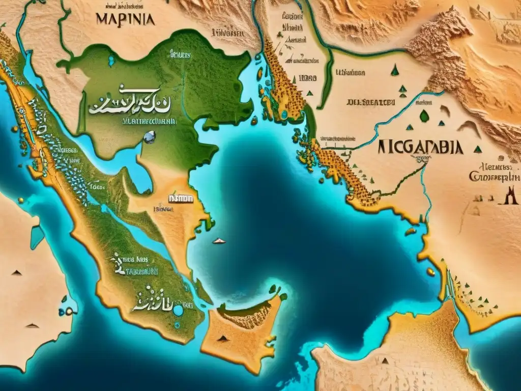 Un mapa sepia detallado de Mesopotamia con criaturas míticas y ríos, ideal para leyendas cartográficas Medio Oriente