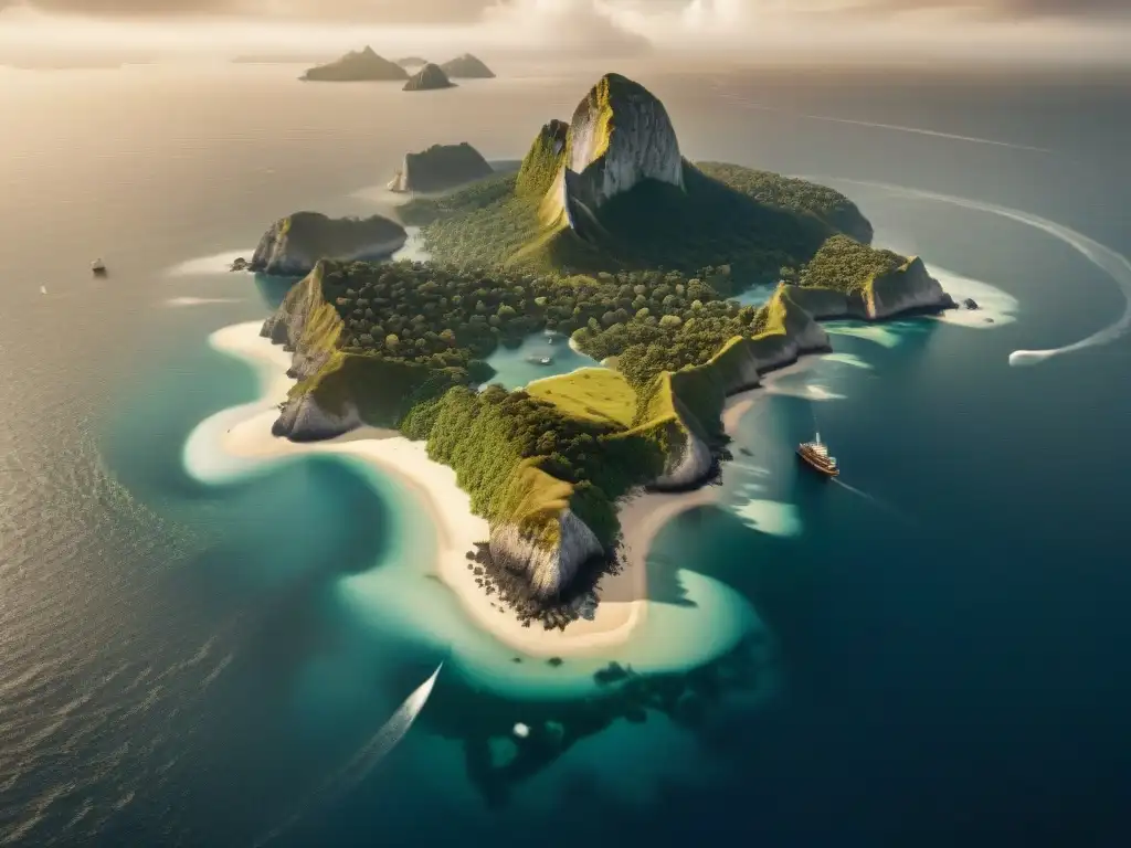 Un mapa detallado en 8k de las misteriosas Islas fantasmas del Pacífico, rodeadas de océano y rosas de los vientos