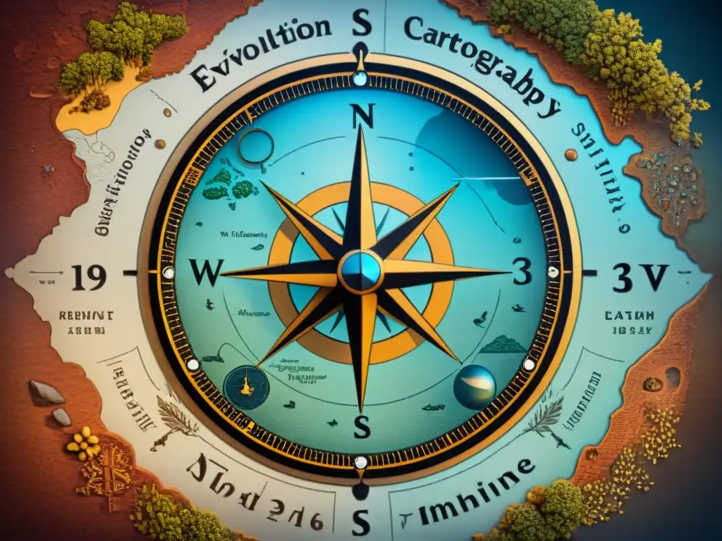 Mapa detallado en sepia de la evolución de la cartografía moderna, con herramientas antiguas y símbolos cartográficos