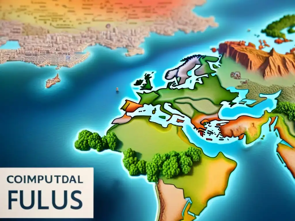 Mapa detallado en sepia de monumentos culturales del mundo, conectados por senderos vibrantes