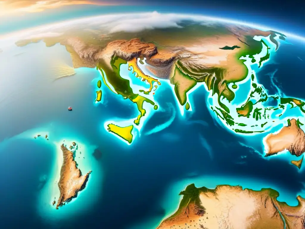 Mapa detallado en sepia del mundo antiguo con criaturas míticas y rutas comerciales, reflejando la evolución cartografía desde Anaximandro