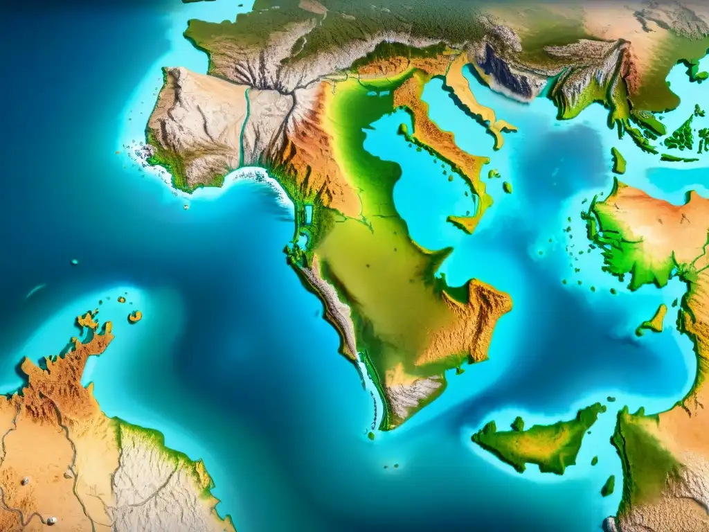 Mapa sepia detallado del mundo antiguo, con ilustraciones de monumentos históricos y rutas comerciales