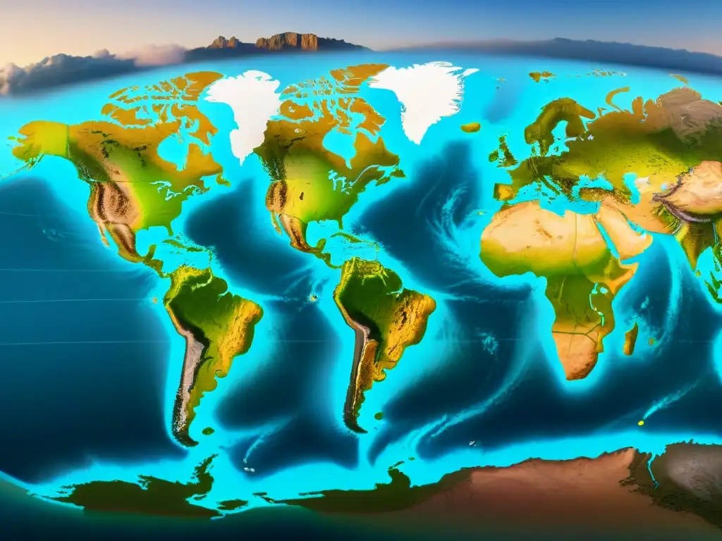 Mapa sepia detallado del mundo con certificaciones SIG en distintas regiones, simbolizando la evolución global en cartografía