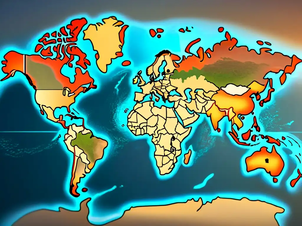 Mapa detallado del mundo en sepia, resaltando continentes y océanos