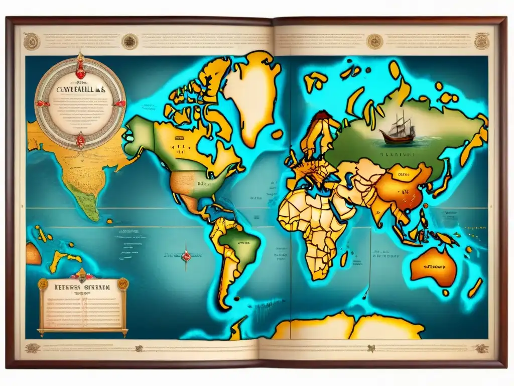 Mapa detallado sepia del mundo en la época del Tratado de Tordesillas, con límites españoles y portugueses, barcos antiguos y rosas de los vientos, evocando la evolución cartografía mapas antiguos