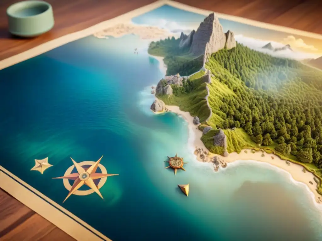 Un mapa detallado en sepia de un mundo fantástico, con costas, montañas, bosques y criaturas míticas dispersas