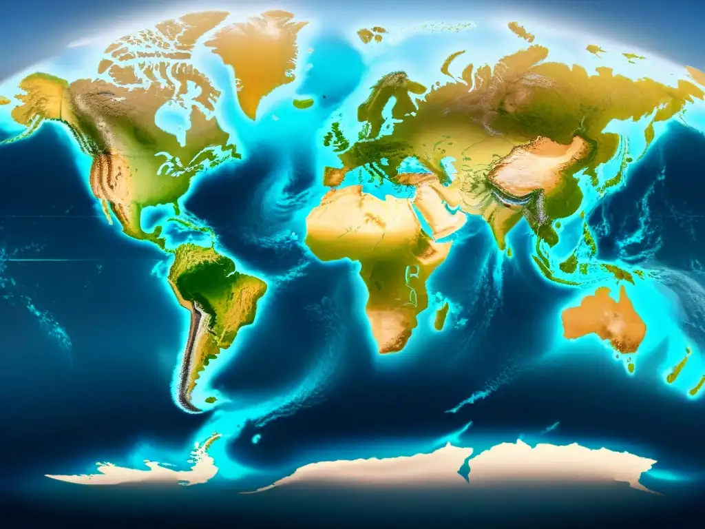 Mapa detallado en sepia del mundo con impacto del cambio climático: deshielo, subida del mar, deforestación y patrones climáticos extremos