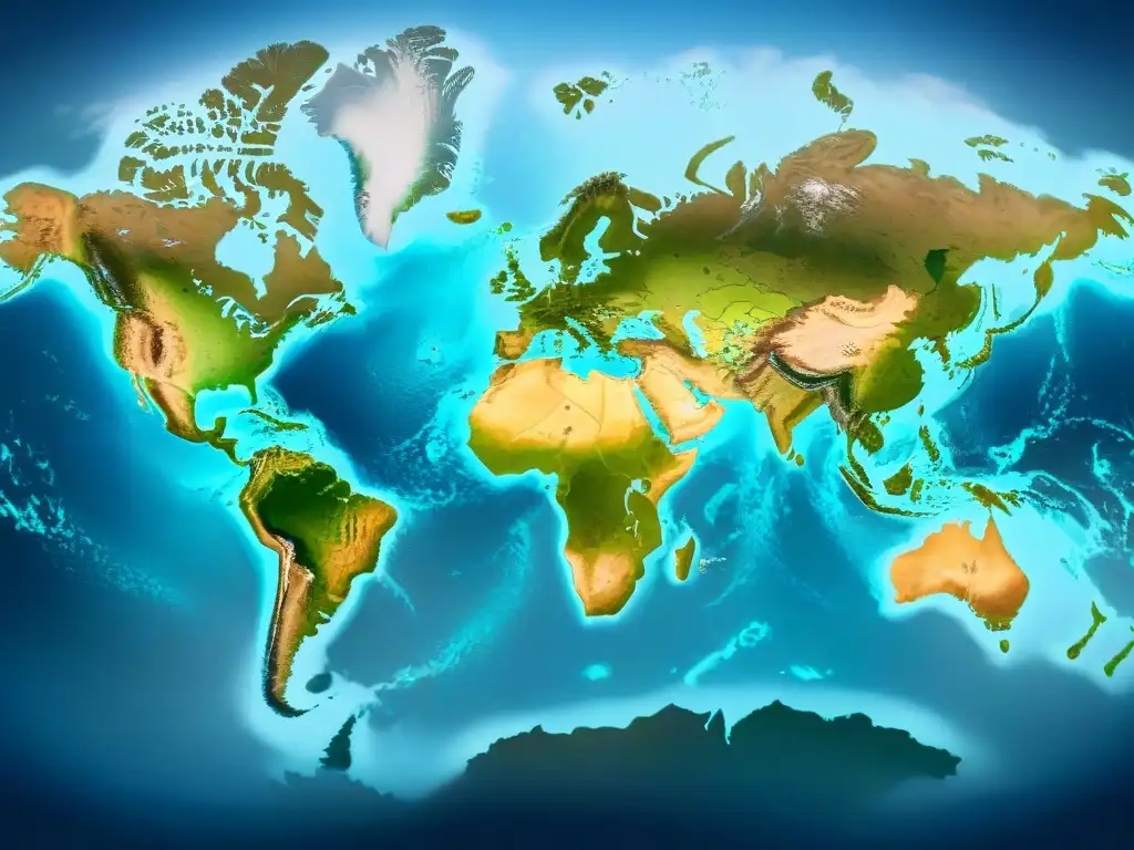 Mapa detallado en sepia del mundo ilustrando el impacto del cambio climático en diferentes regiones, con indicadores visuales como el aumento del nivel del mar, deshielo de casquetes polares y cambios en los patrones climáticos resaltados con detalle